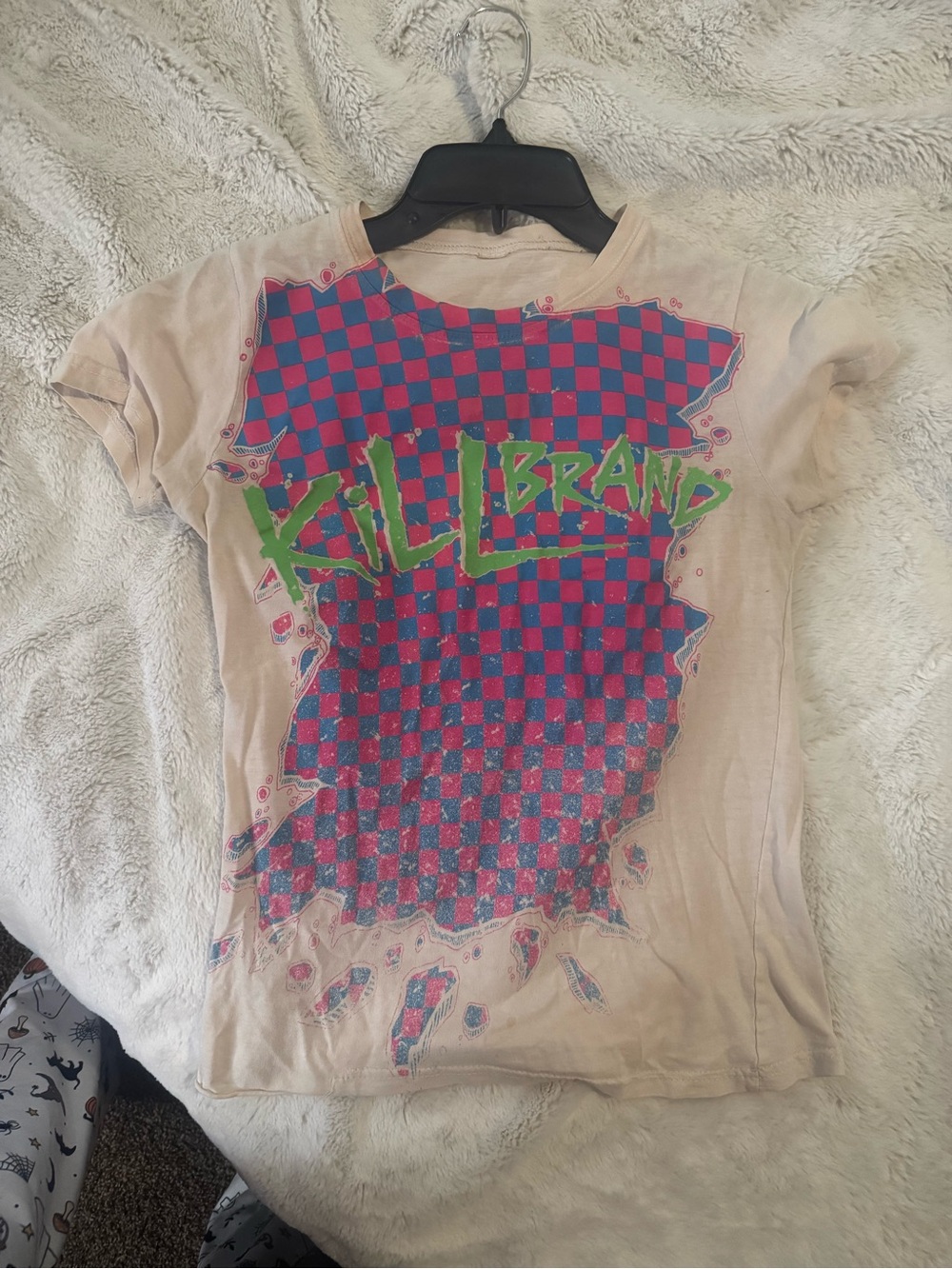 Vintage KILL Brand Girls' Short Sleeve Pink Graphic Tee with Blue Checker Print